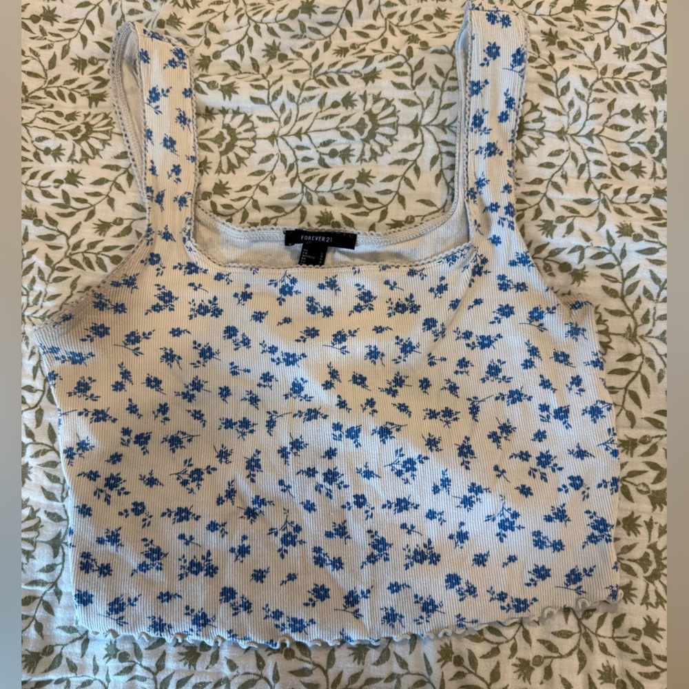 White and Blue Floral Knit Tank